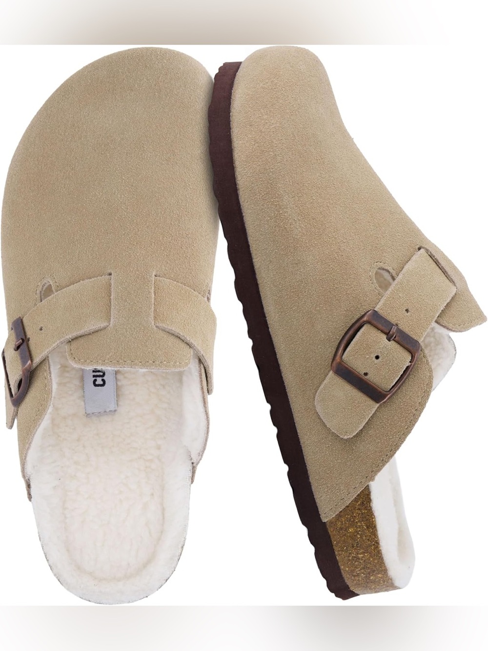 Cushionaire Suede Buckle Clog Slippers in Beige